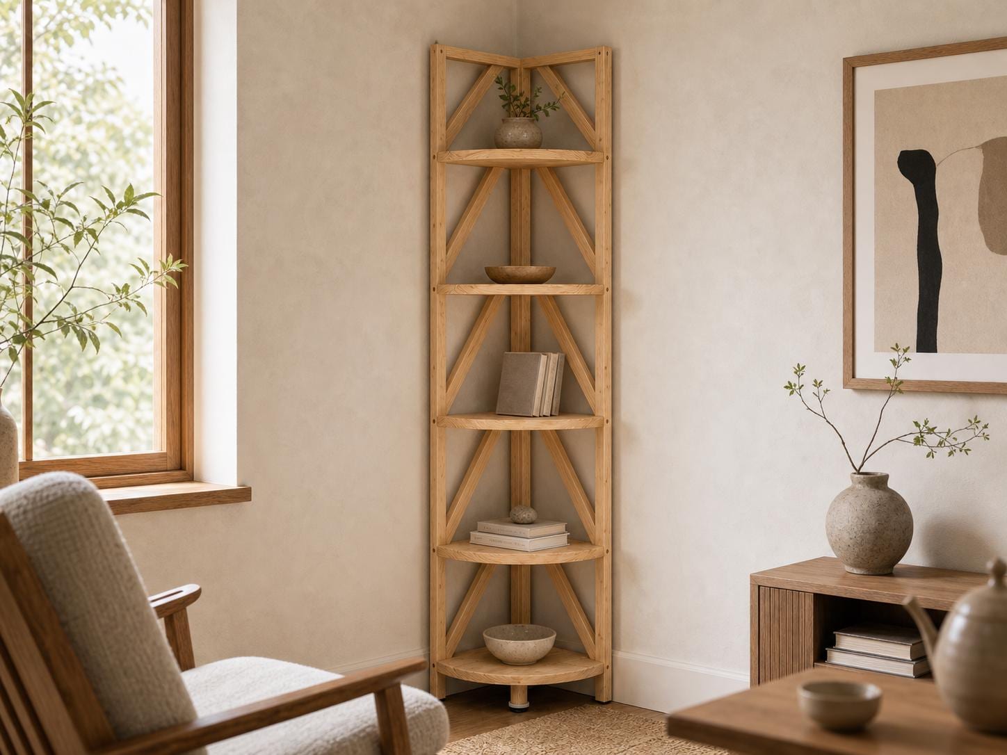 Natural Pine Corner Bookshelf, Minimalist Open Storage, Eco-Friendly Modern Furniture