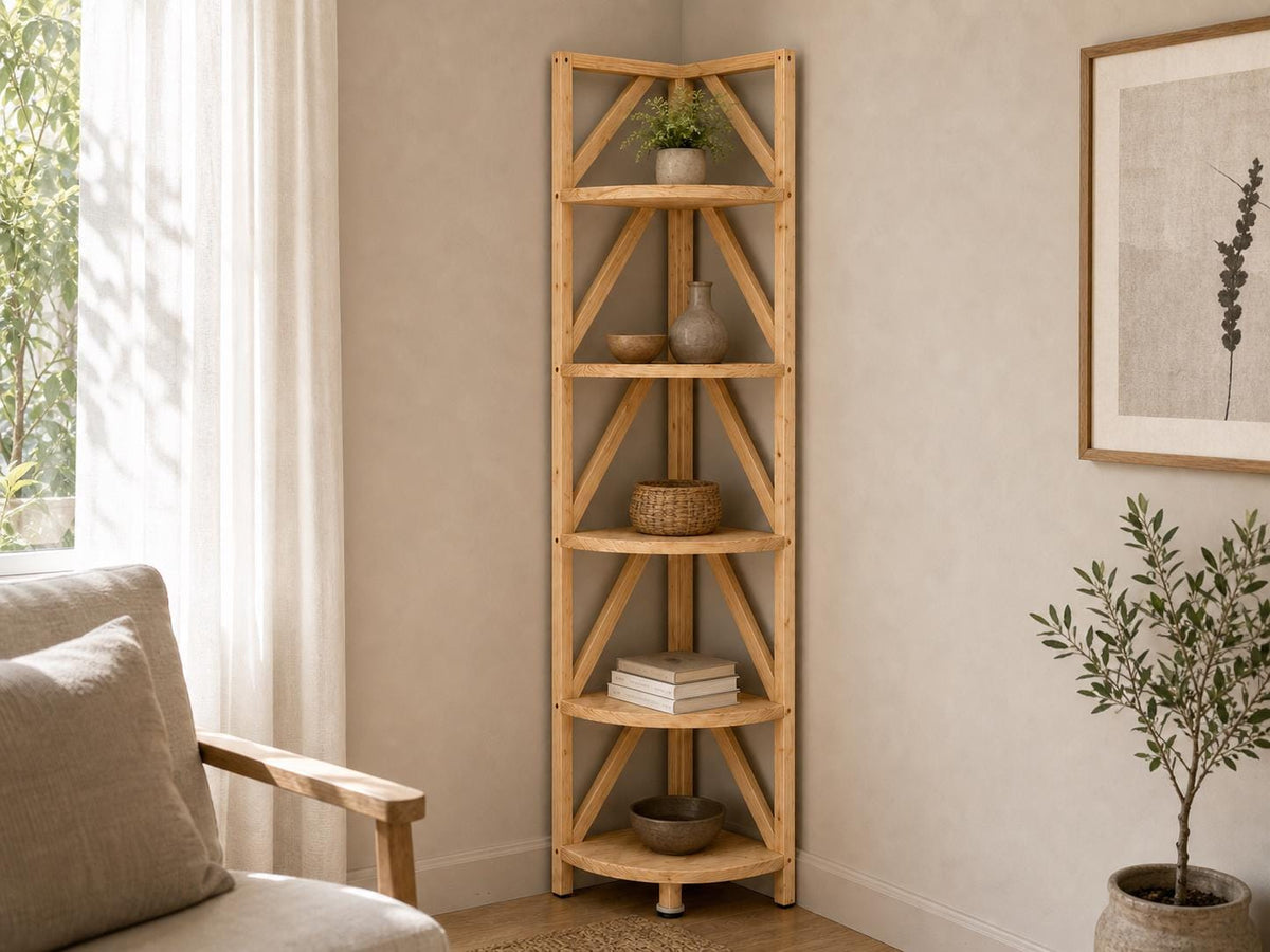 Natural Pine Corner Bookshelf, Minimalist Open Storage, Eco-Friendly Modern Furniture