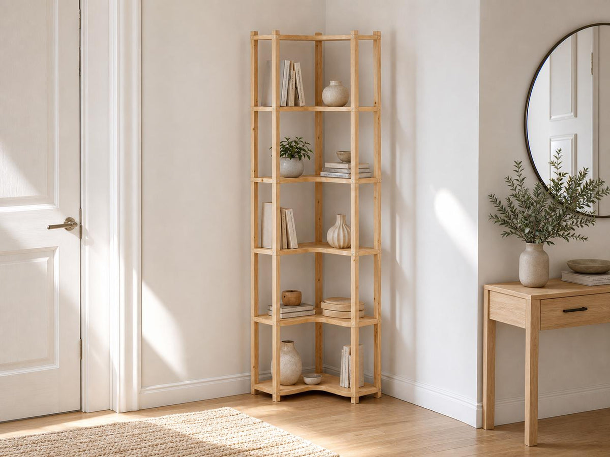Solid Pine Corner Bookshelf | 6-Tier Minimalist Open Storage (187.1x47x47 cm)