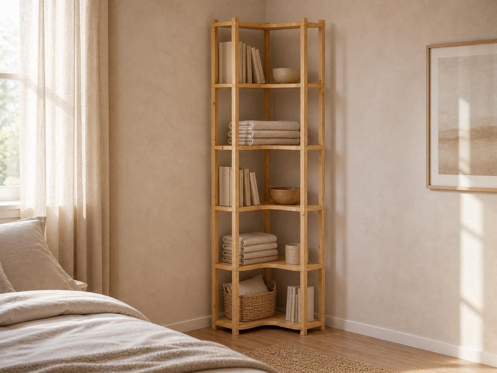 Solid Pine Corner Bookshelf | 6-Tier Minimalist Open Storage (187.1x47x47 cm)