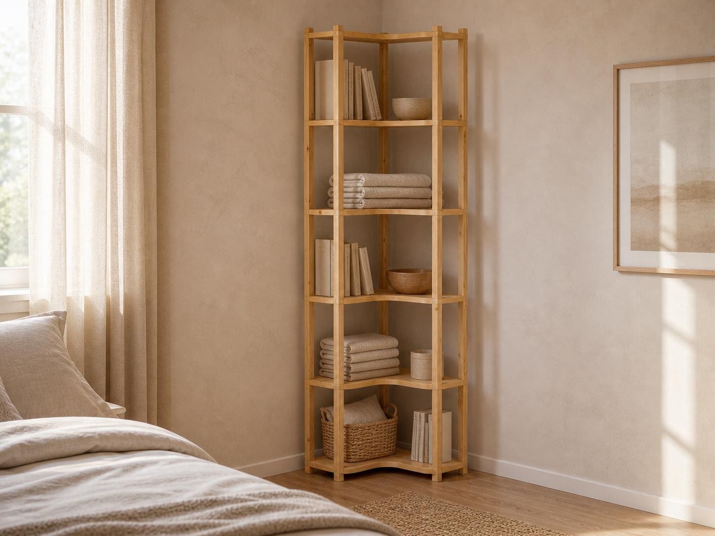 Solid Pine Corner Bookshelf | 6-Tier Minimalist Open Storage (187.1x47x47 cm)