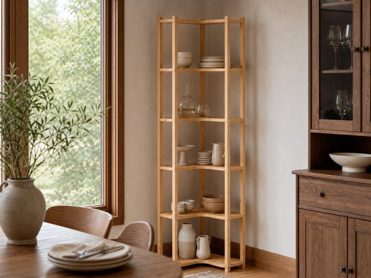 Solid Pine Corner Bookshelf | 6-Tier Minimalist Open Storage (187.1x47x47 cm)