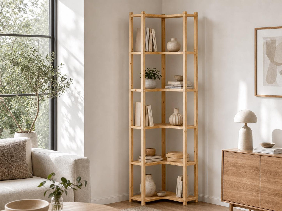 Solid Pine Corner Bookshelf | 6-Tier Minimalist Open Storage (187.1x47x47 cm)
