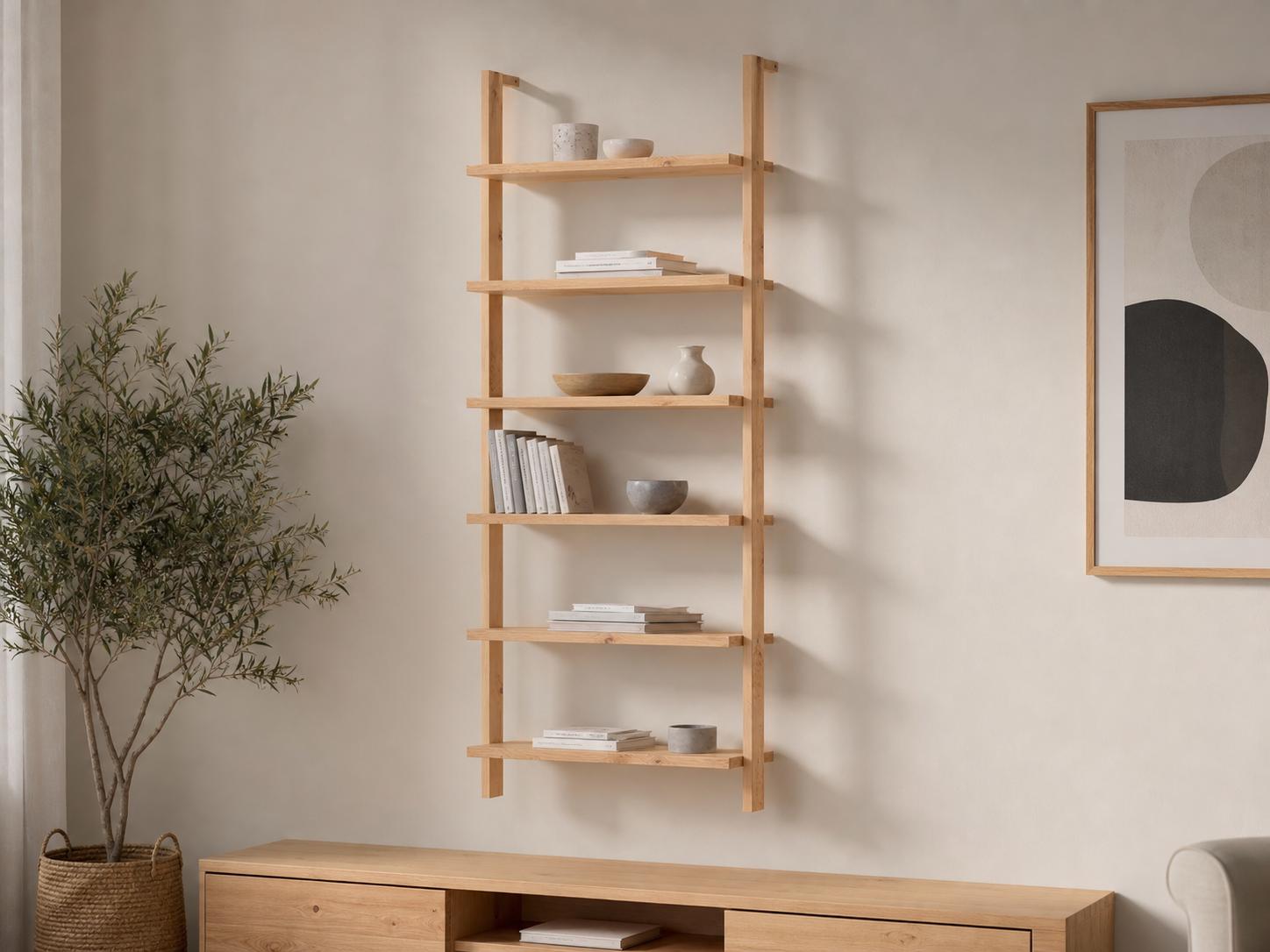 Solid Pine 6-Shelf Wall Bookcase | Natural Minimalist Open Storage