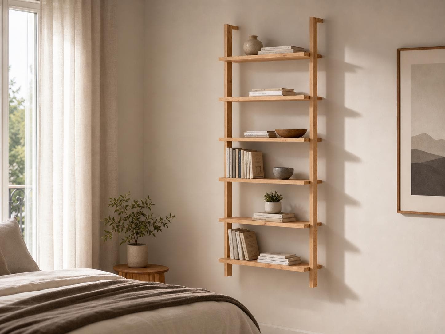 Solid Pine 6-Shelf Wall Bookcase | Natural Minimalist Open Storage