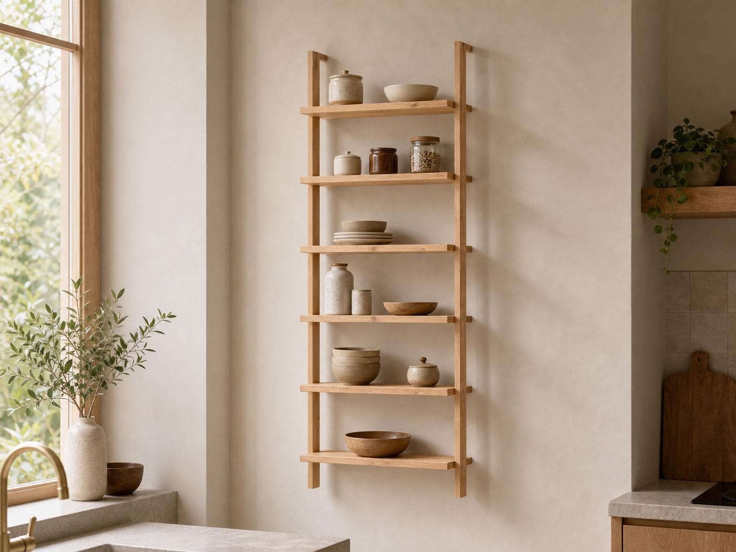 Solid Pine 6-Shelf Wall Bookcase | Natural Minimalist Open Storage