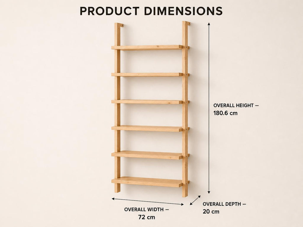 Solid Pine 6-Shelf Wall Bookcase | Natural Minimalist Open Storage