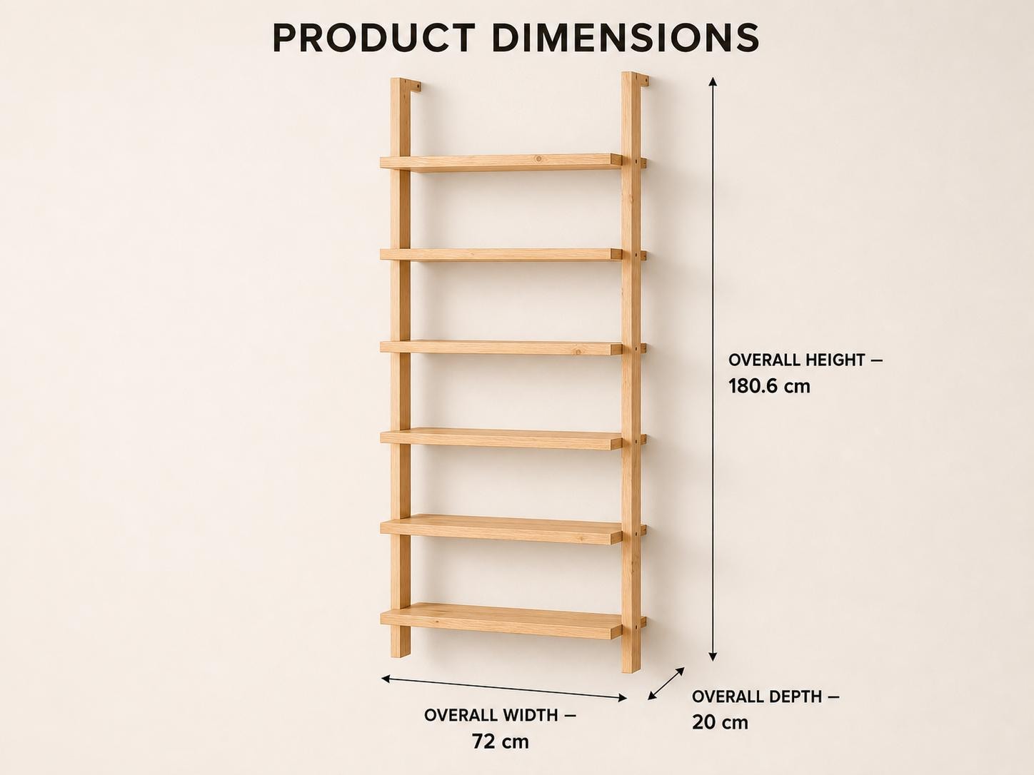 Solid Pine 6-Shelf Wall Bookcase | Natural Minimalist Open Storage