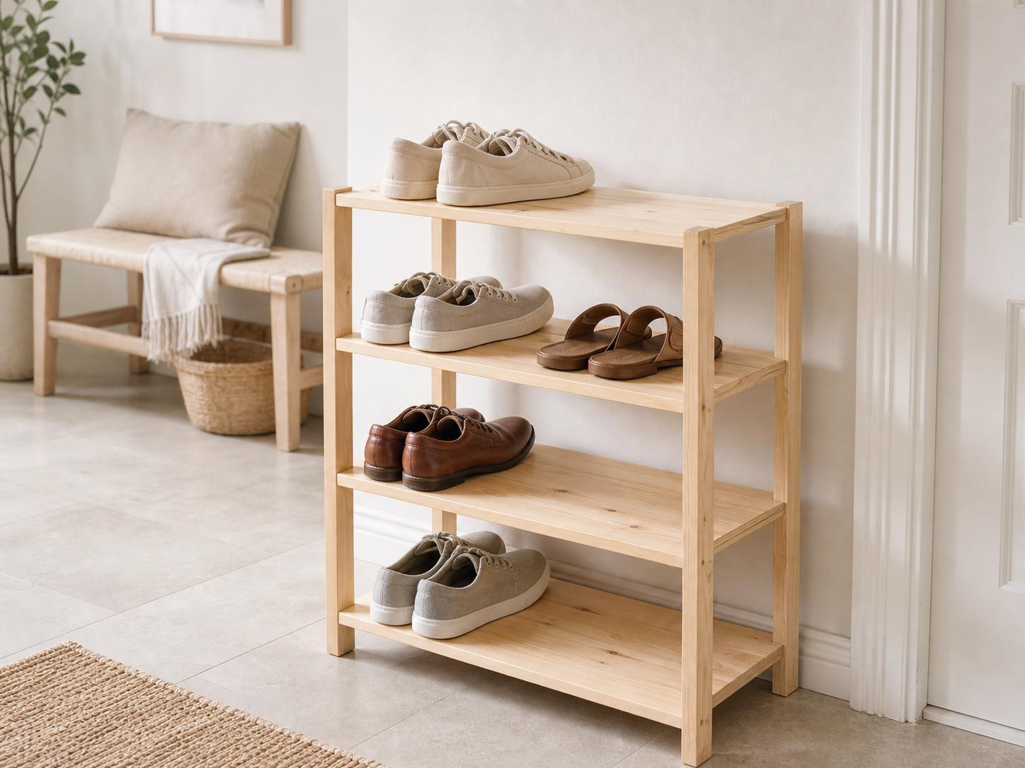 Natural Pine Wood 4-Tier Shoe Rack | Rustic Minimalist Entryway Organizer