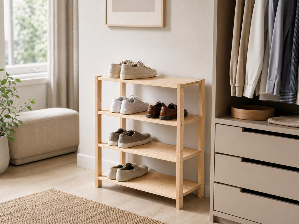 Natural Pine Wood 4-Tier Shoe Rack | Rustic Minimalist Entryway Organizer