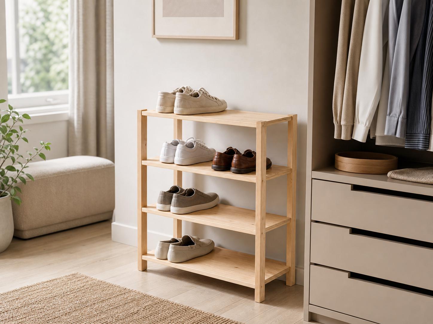 Natural Pine Wood 4-Tier Shoe Rack | Rustic Minimalist Entryway Organizer