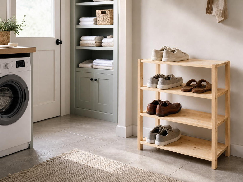 Natural Pine Wood 4-Tier Shoe Rack | Rustic Minimalist Entryway Organizer