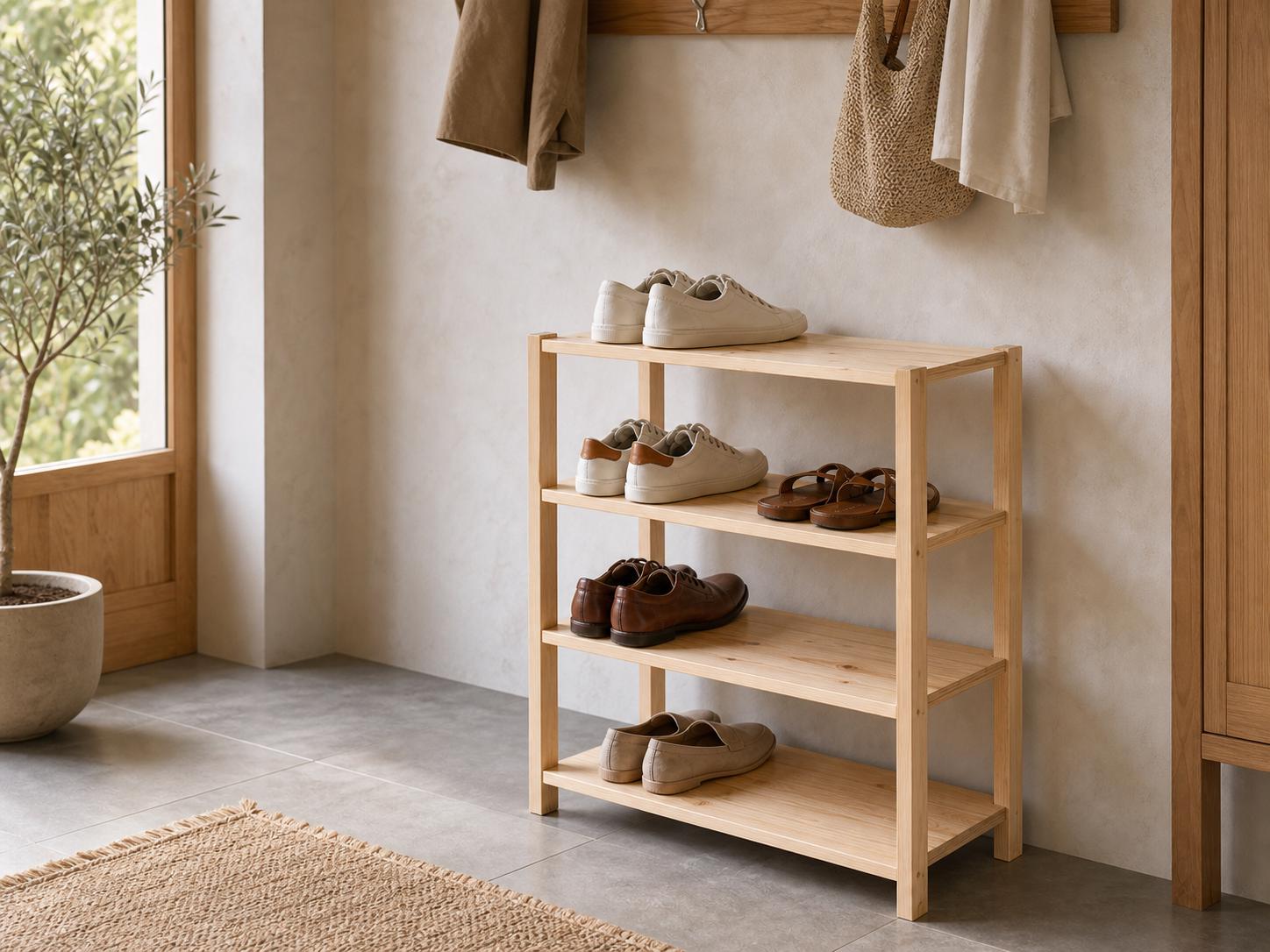 Natural Pine Wood 4-Tier Shoe Rack | Rustic Minimalist Entryway Organizer