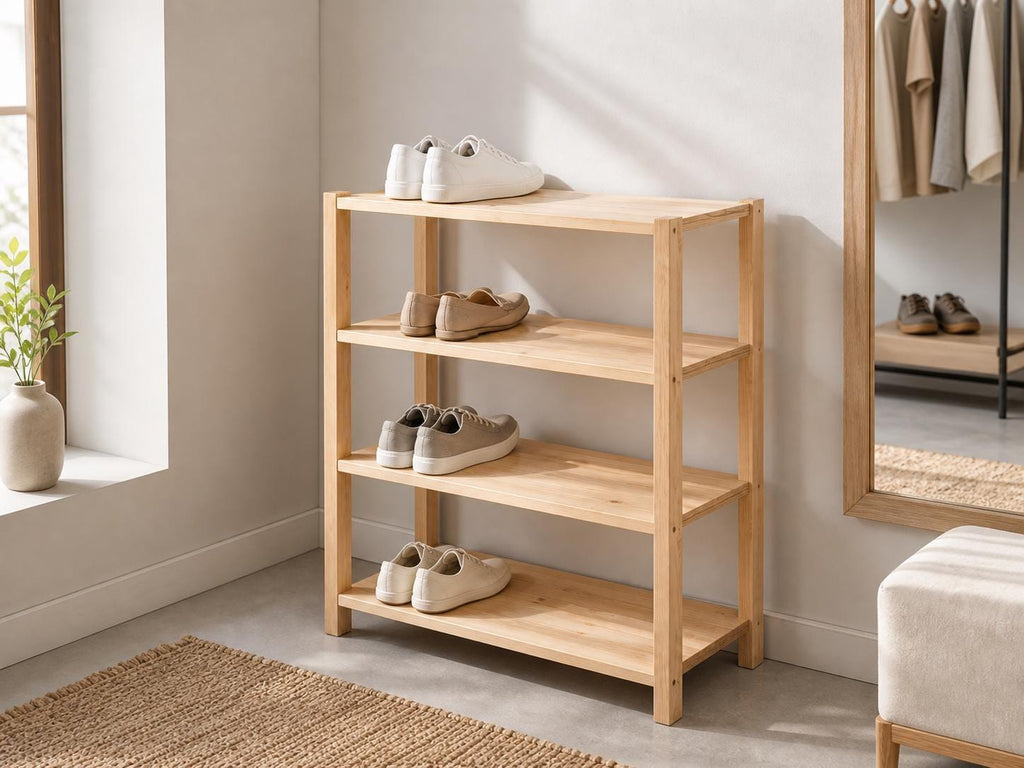 Natural Pine Wood 4-Tier Shoe Rack | Rustic Minimalist Entryway Organizer