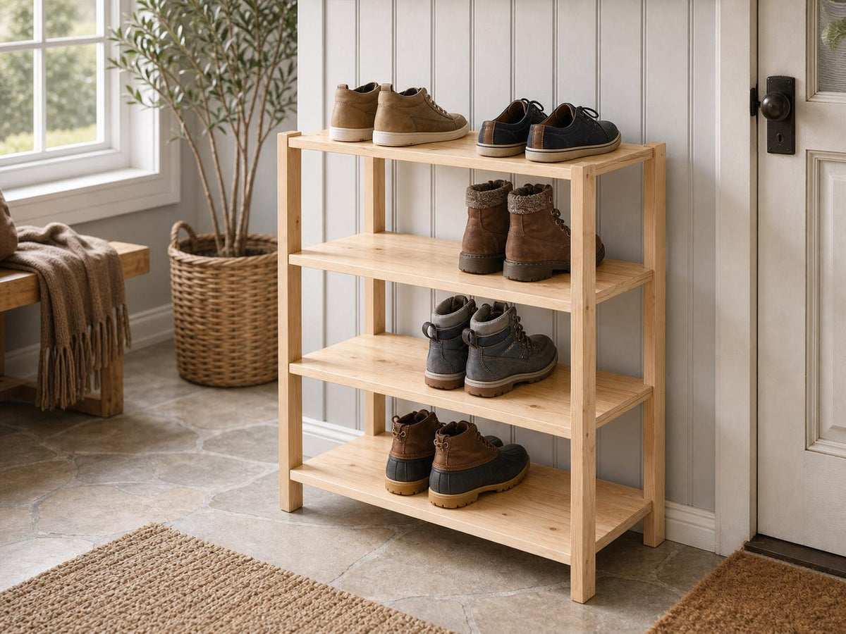 Natural Pine Wood 4-Tier Shoe Rack | Rustic Minimalist Entryway Organizer