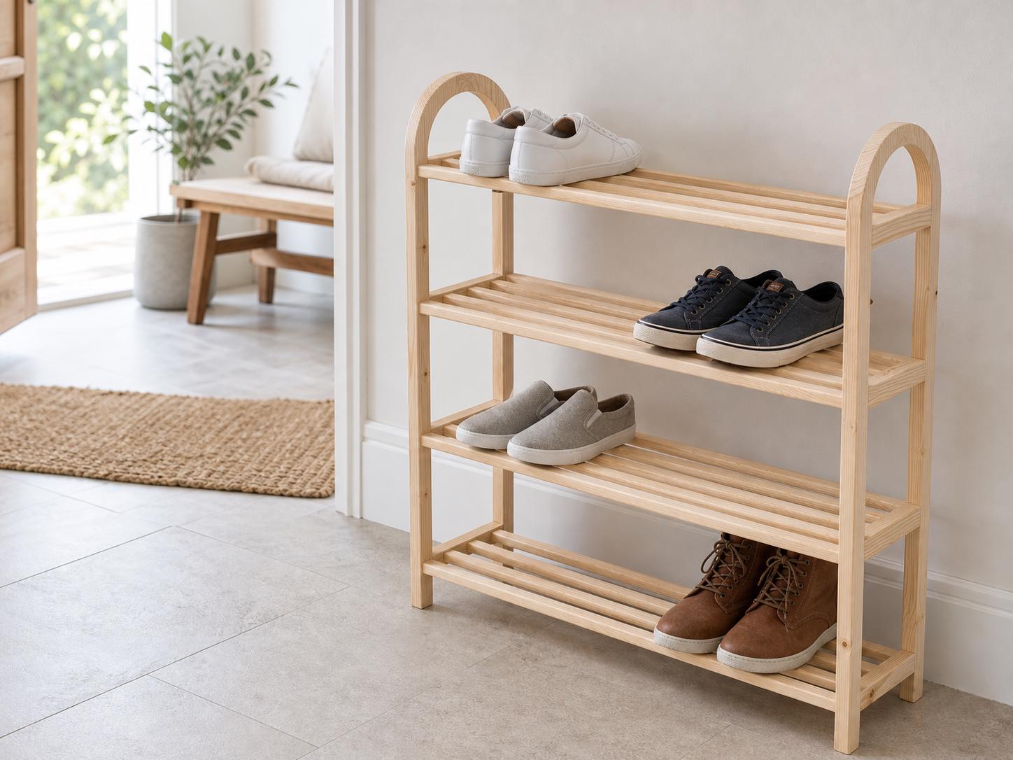 Solid Pine 4-Tier Shoe Rack, Natural Wood Entryway Organizer, Rustic Minimalist Storage
