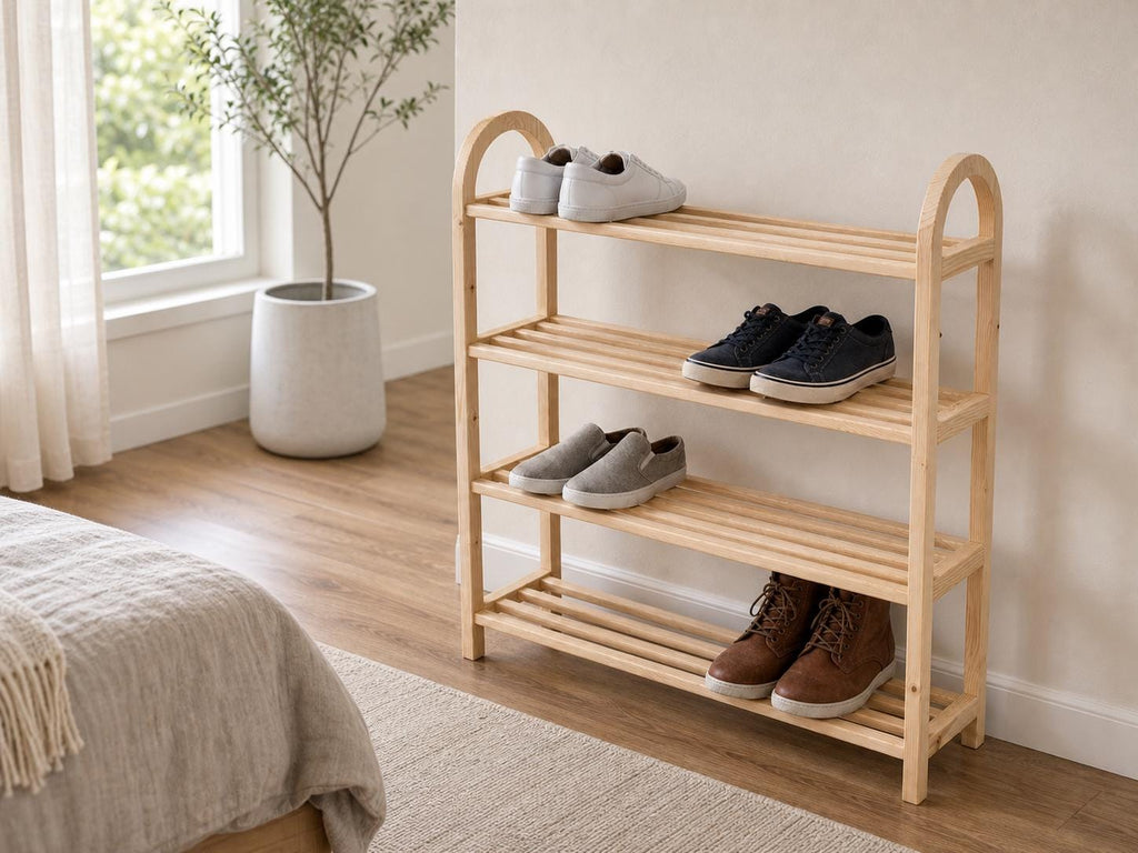 Solid Pine 4-Tier Shoe Rack, Natural Wood Entryway Organizer, Rustic Minimalist Storage