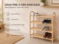 Solid Pine 4-Tier Shoe Rack, Natural Wood Entryway Organizer, Rustic Minimalist Storage