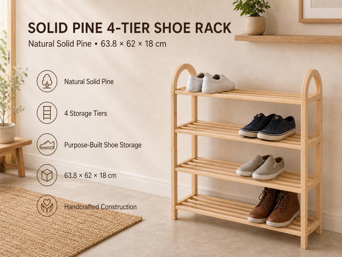 Solid Pine 4-Tier Shoe Rack, Natural Wood Entryway Organizer, Rustic Minimalist Storage