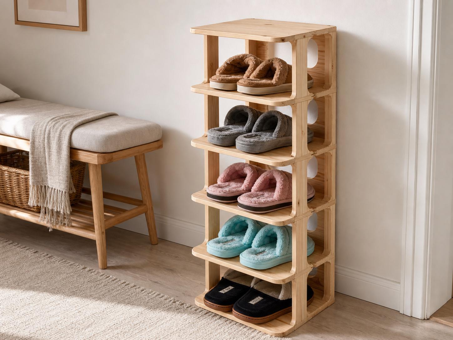 Solid Pine 5-Tier Shoe Rack | Natural Space-Saving Entryway Organizer