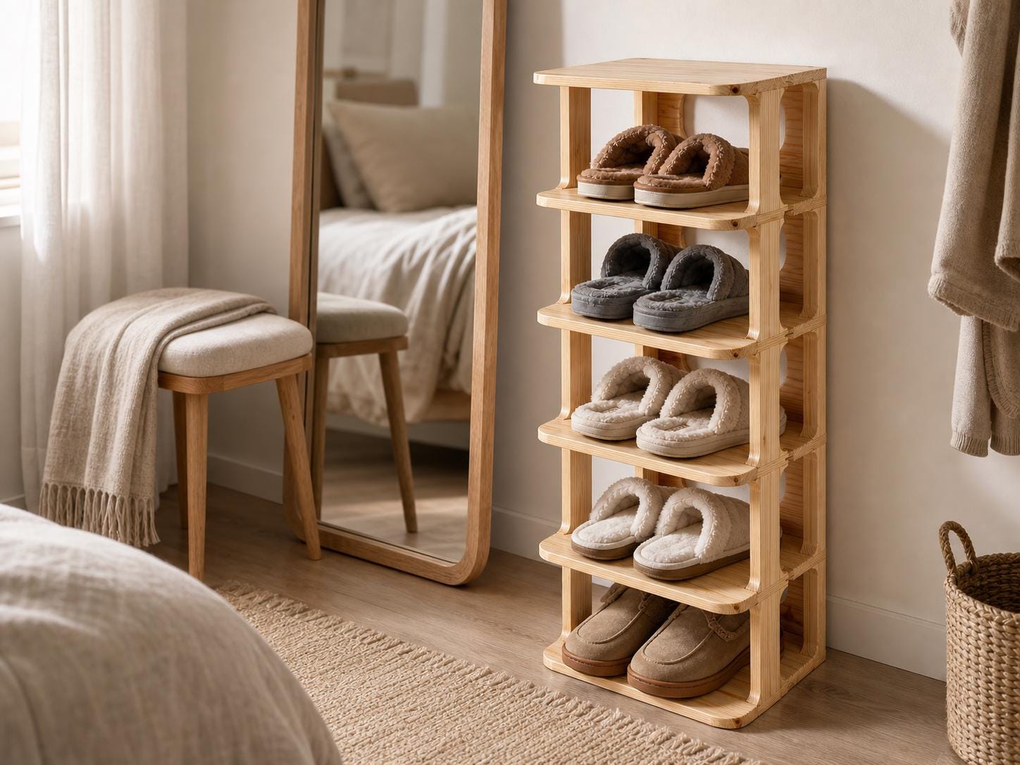 Solid Pine 5-Tier Shoe Rack | Natural Space-Saving Entryway Organizer