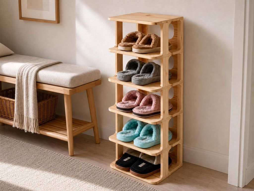 Solid Pine 5-Tier Shoe Rack | Natural Space-Saving Entryway Organizer