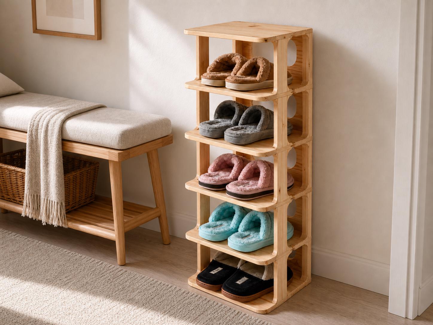 Solid Pine 5-Tier Shoe Rack | Natural Space-Saving Entryway Organizer