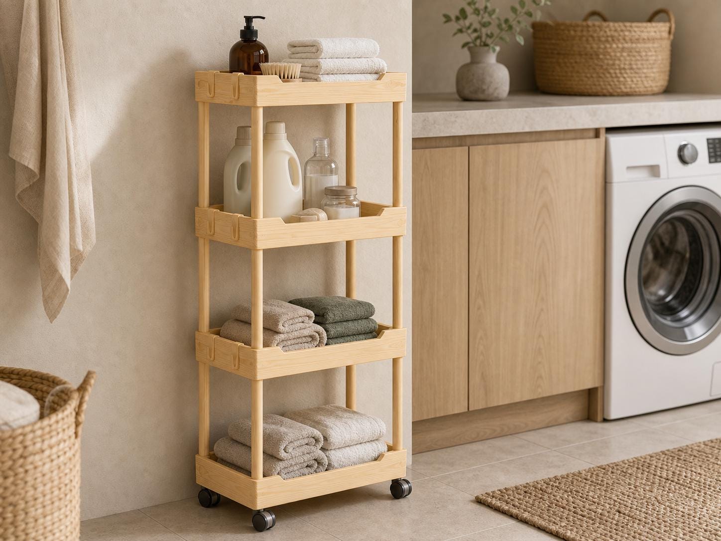 Solid Pine 4-Tier Rolling Cart, Natural Wood Storage Unit