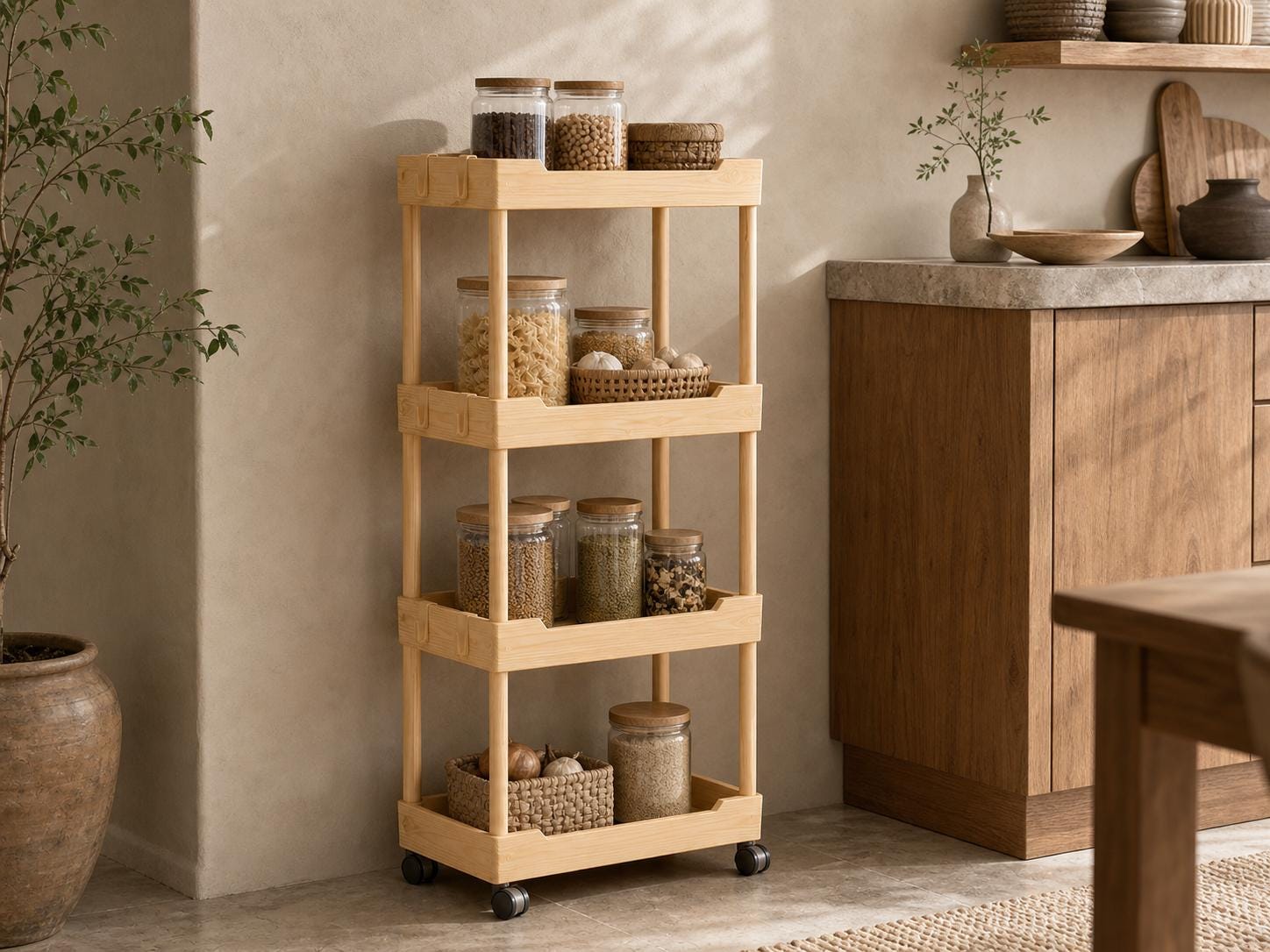Solid Pine 4-Tier Rolling Cart, Natural Wood Storage Unit