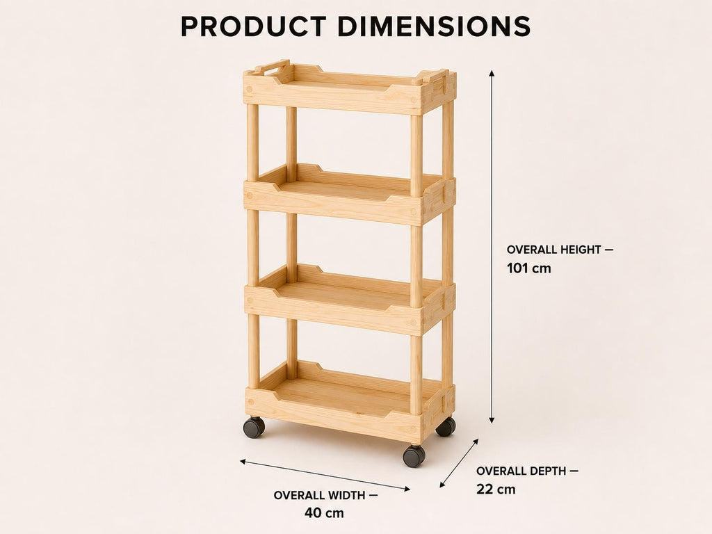 Solid Pine 4-Tier Rolling Cart, Natural Wood Storage Unit