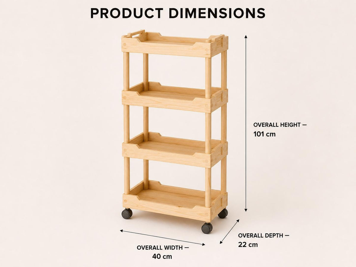 Solid Pine 4-Tier Rolling Cart, Natural Wood Storage Unit
