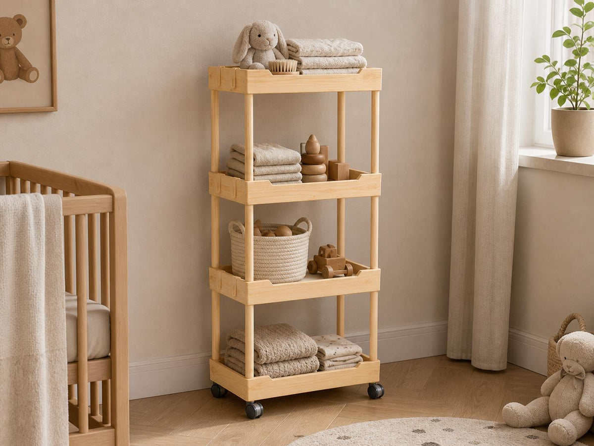Solid Pine 4-Tier Rolling Cart, Natural Wood Storage Unit