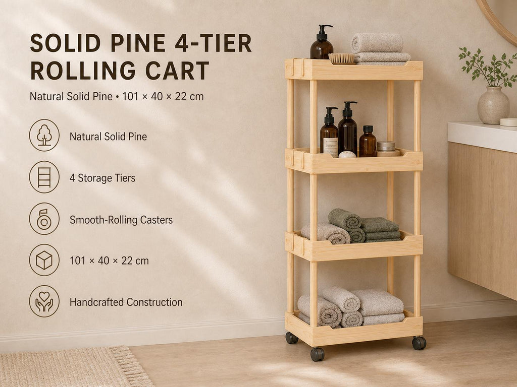Solid Pine 4-Tier Rolling Cart, Natural Wood Storage Unit