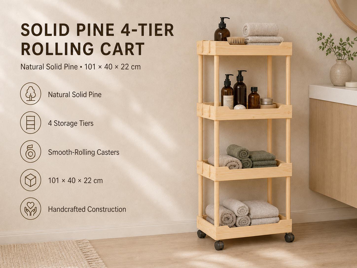 Solid Pine 4-Tier Rolling Cart, Natural Wood Storage Unit
