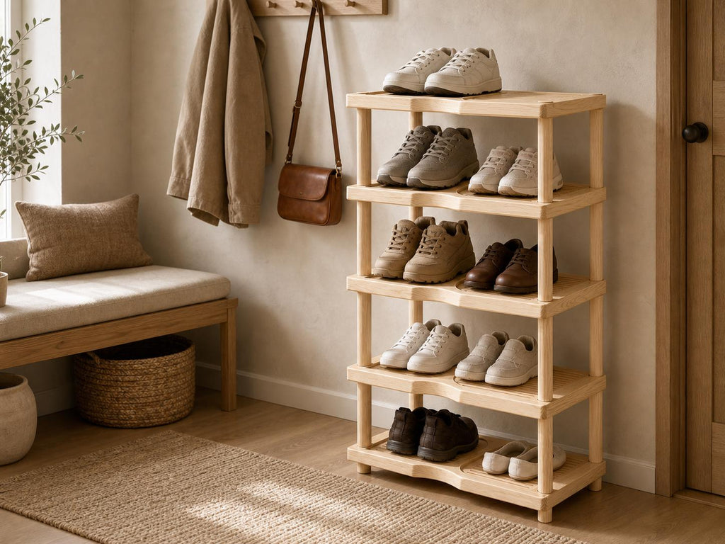 Natural Pine Wood Shoe Rack | 5-Tier Rustic Entryway Organizer, Minimalist Storage