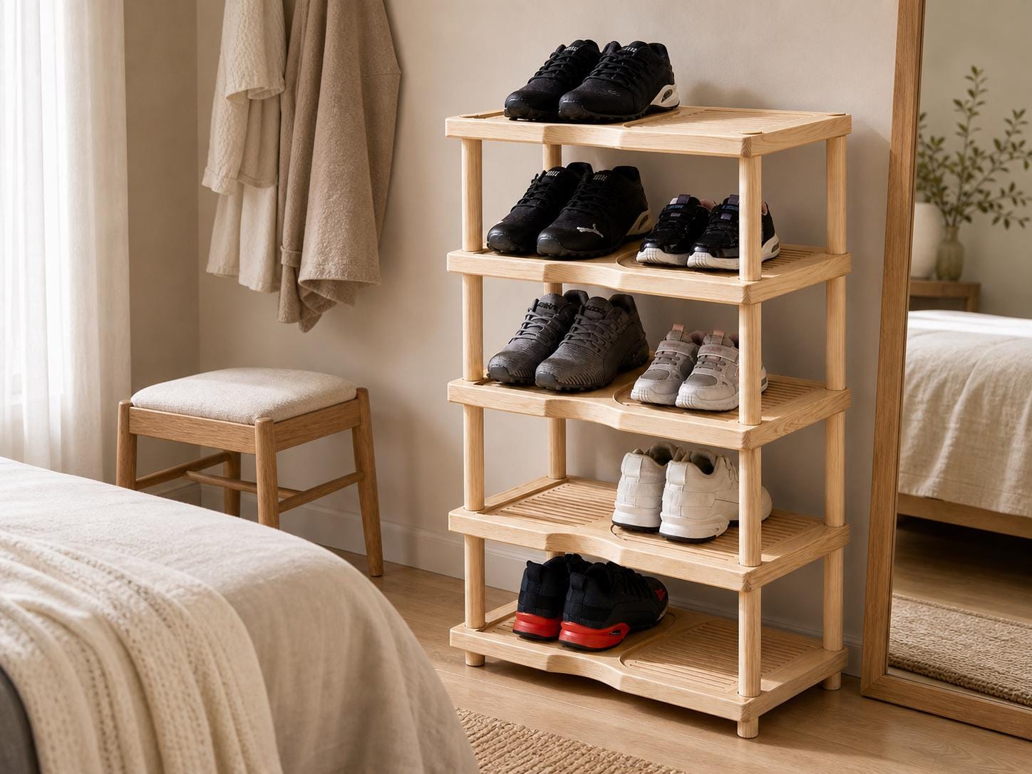 Natural Pine Wood Shoe Rack | 5-Tier Rustic Entryway Organizer, Minimalist Storage
