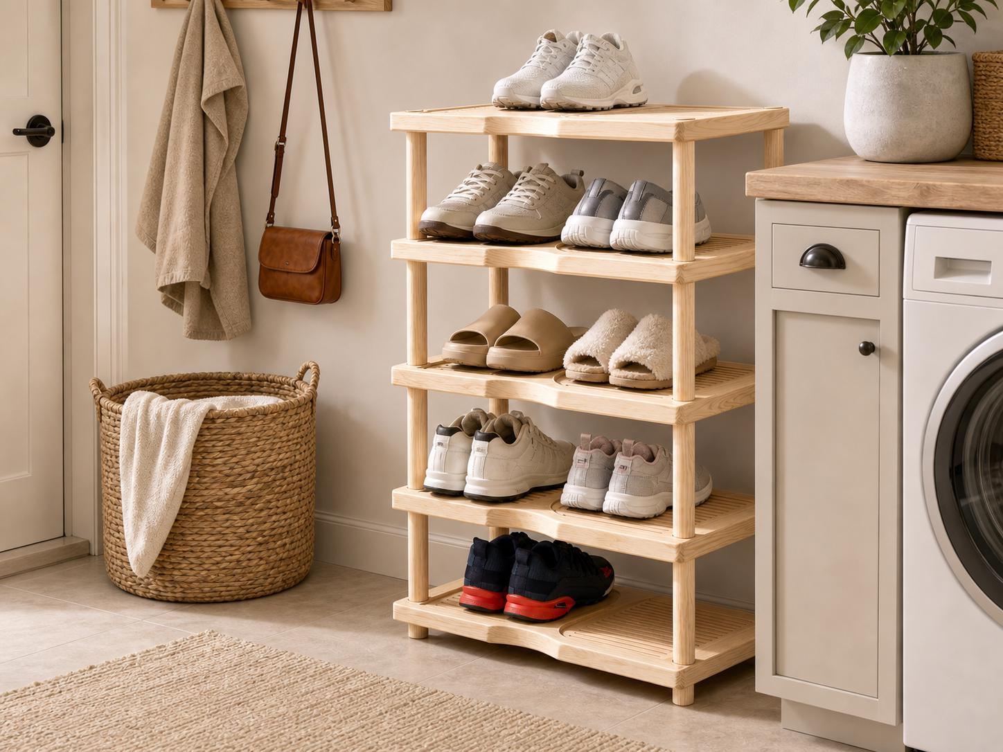 Natural Pine Wood Shoe Rack | 5-Tier Rustic Entryway Organizer, Minimalist Storage