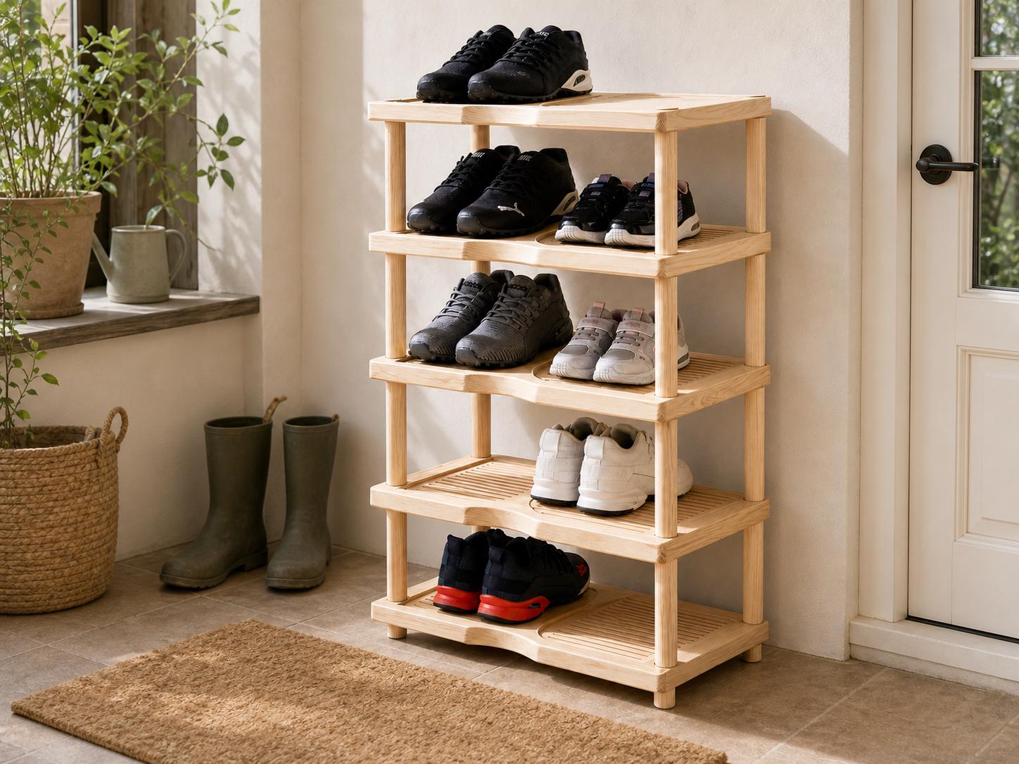 Natural Pine Wood Shoe Rack | 5-Tier Rustic Entryway Organizer, Minimalist Storage
