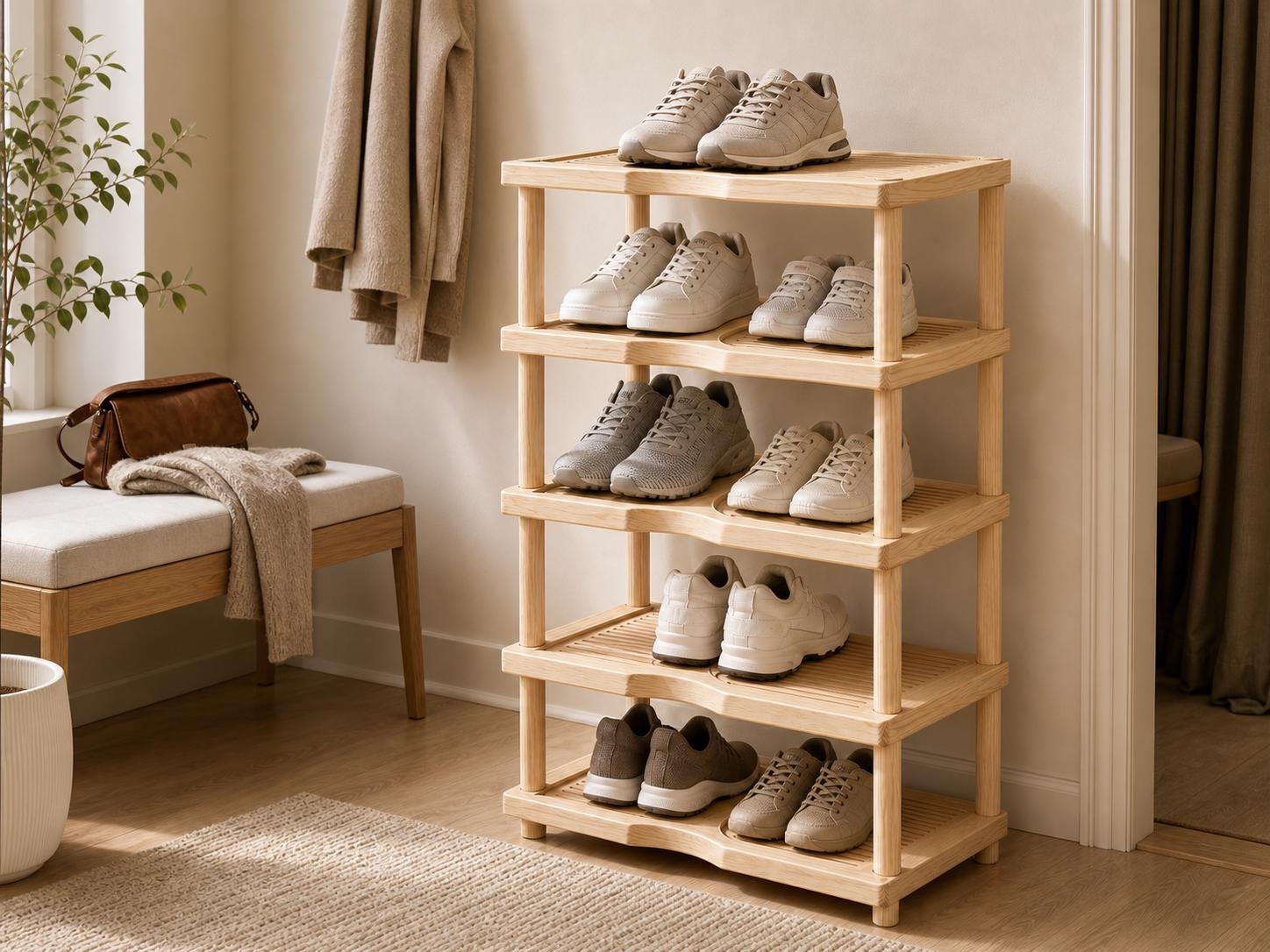 Natural Pine Wood Shoe Rack | 5-Tier Rustic Entryway Organizer, Minimalist Storage