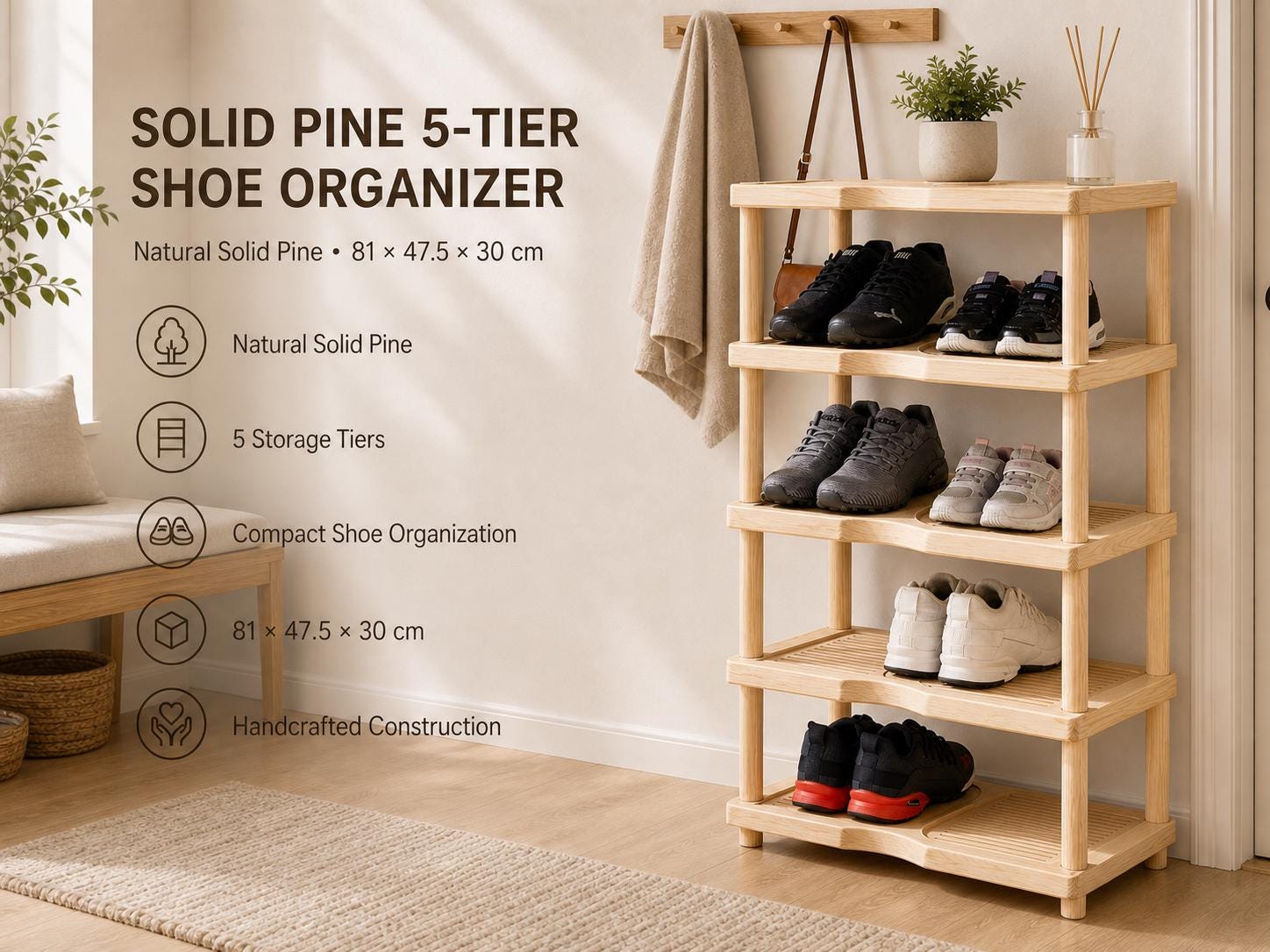 Natural Pine Wood Shoe Rack | 5-Tier Rustic Entryway Organizer, Minimalist Storage
