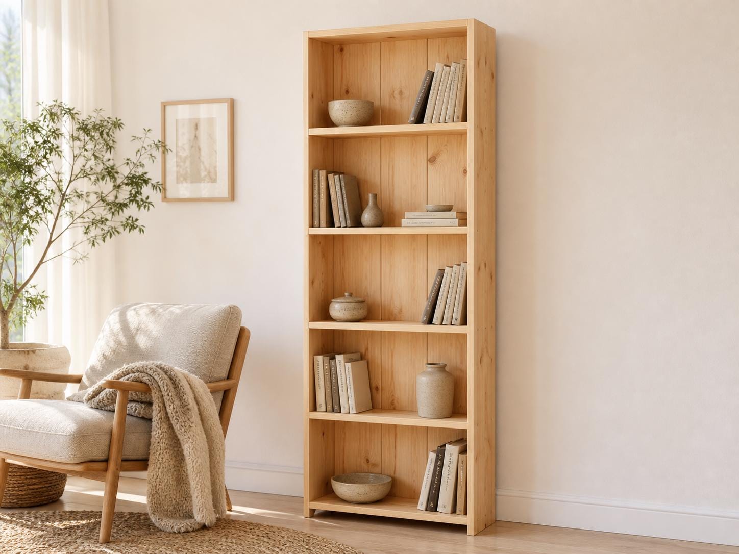 Solid Pine 5-Shelf Bookcase, Natural Oak Storage, Minimalist Open Bookcase