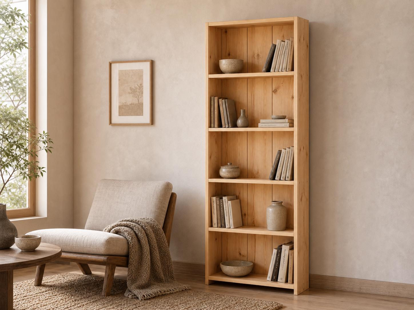 Solid Pine 5-Shelf Bookcase, Natural Oak Storage, Minimalist Open Bookcase