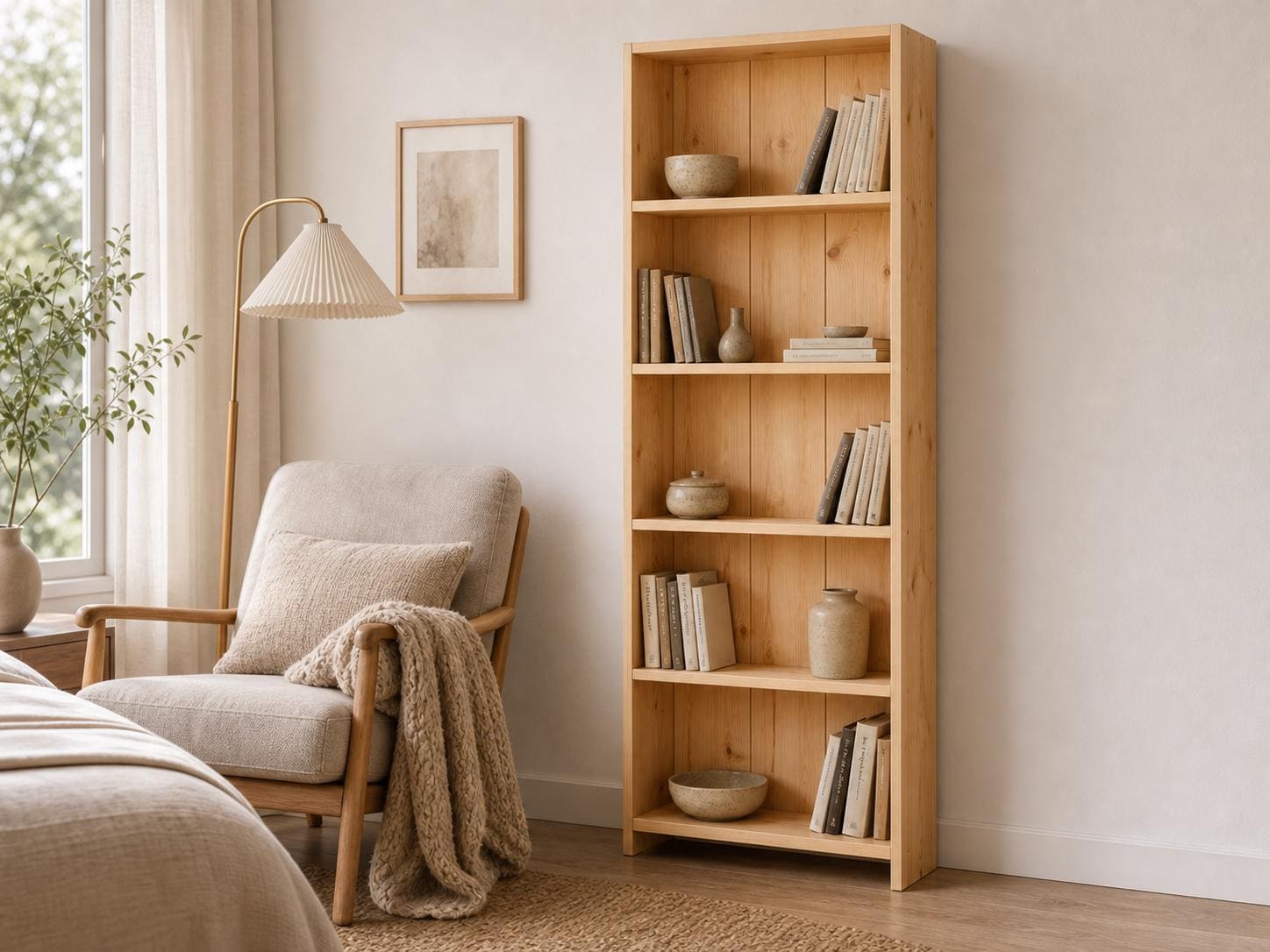 Solid Pine 5-Shelf Bookcase, Natural Oak Storage, Minimalist Open Bookcase