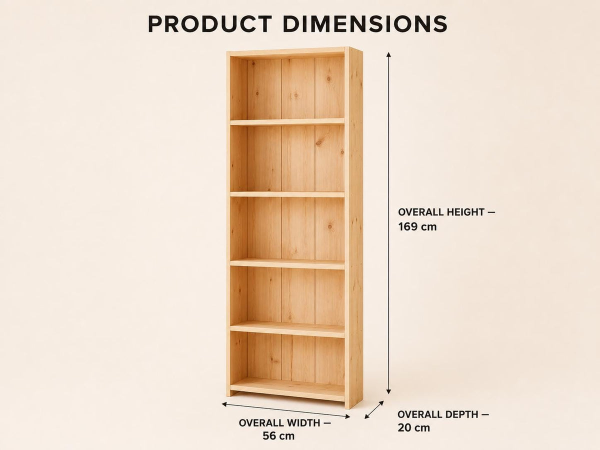 Solid Pine 5-Shelf Bookcase, Natural Oak Storage, Minimalist Open Bookcase