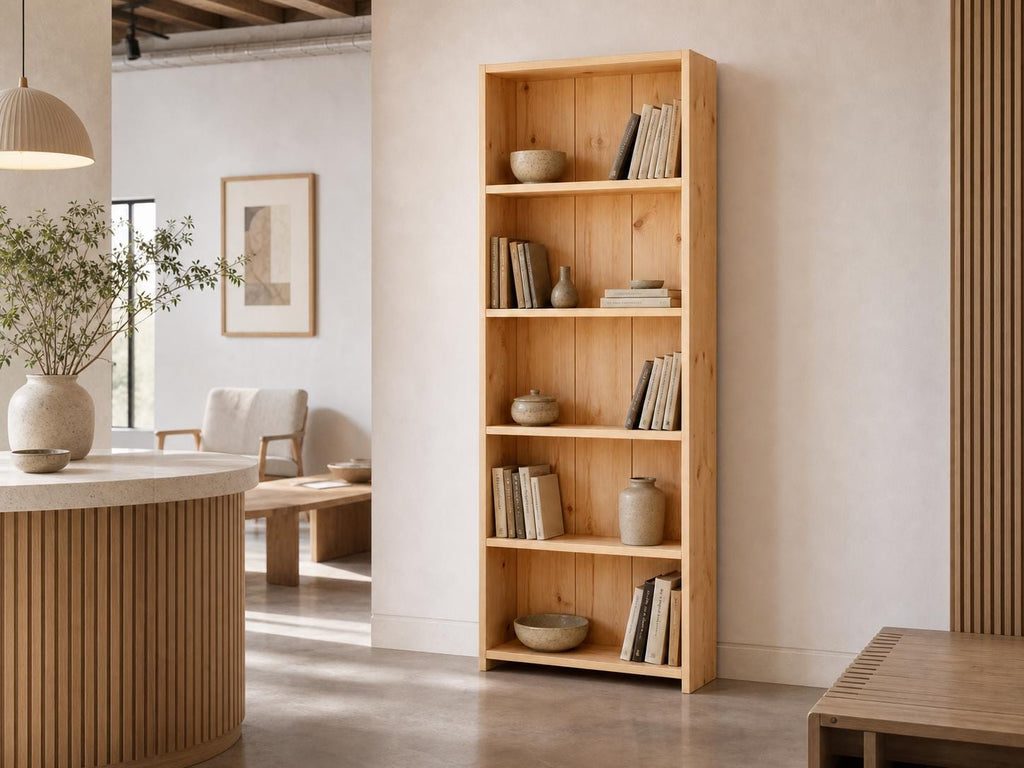 Solid Pine 5-Shelf Bookcase, Natural Oak Storage, Minimalist Open Bookcase