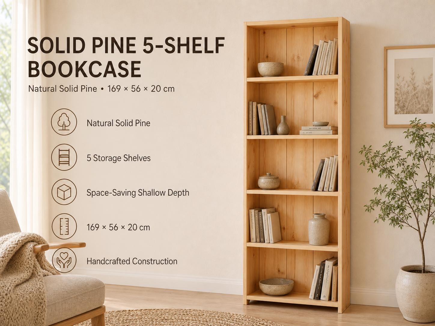 Solid Pine 5-Shelf Bookcase, Natural Oak Storage, Minimalist Open Bookcase