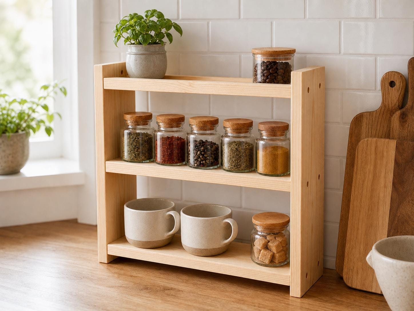 Solid Pine 3-Tier Spice Rack, Rustic Countertop Organizer (40 x 43.5 x 12 cm)