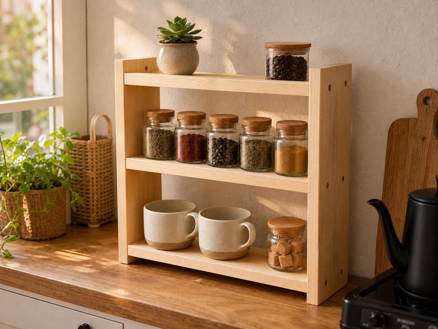 Solid Pine 3-Tier Spice Rack, Rustic Countertop Organizer (40 x 43.5 x 12 cm)