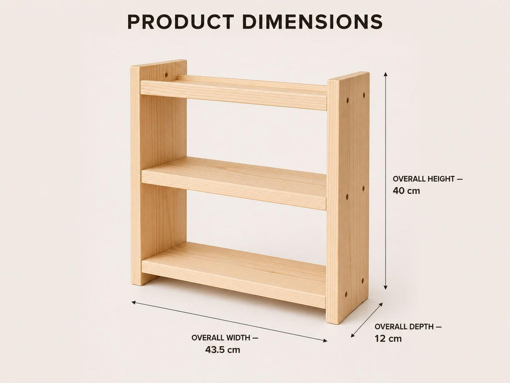 Solid Pine 3-Tier Spice Rack, Rustic Countertop Organizer (40 x 43.5 x 12 cm)