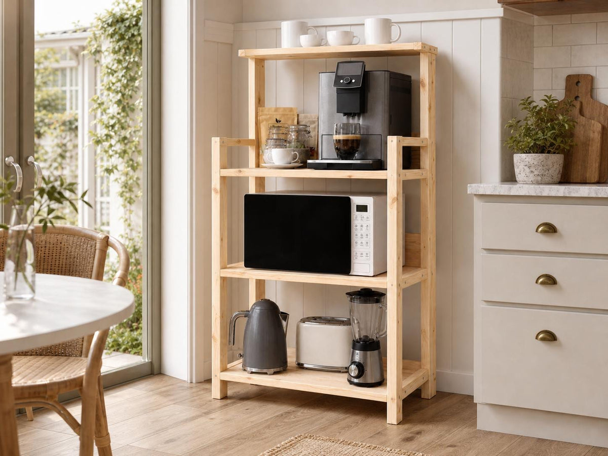 Solid Pine Coffee Station | Three-Tier Rustic Kitchen Shelf Organizer